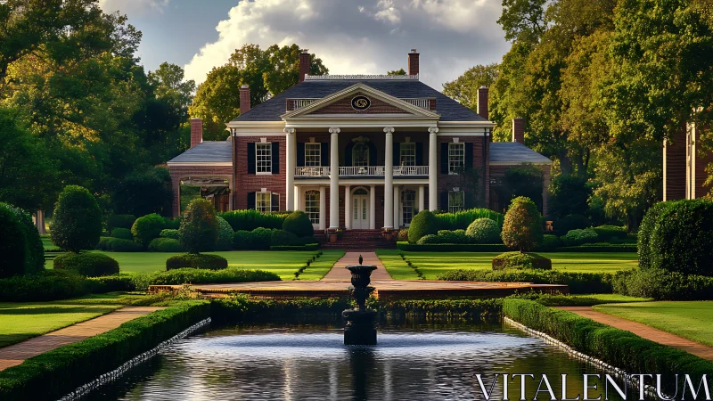 Neoclassical brick mansion with axial reflecting pool and formal lawns
