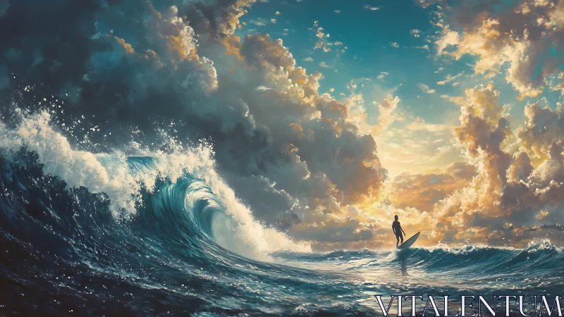 Digital seascape with silhouetted surfer and luminous storm sky.