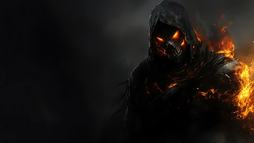 Hooded skeletal figure with burning edges occupies right frame