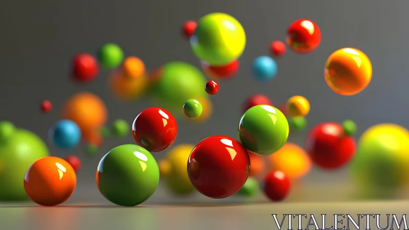 Playful colorful spheres drift gently in a soft floating dance