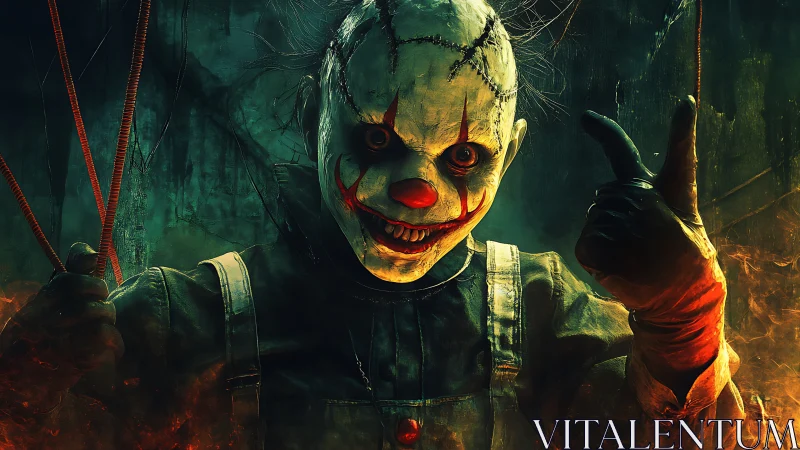 Grinning nightmare clown in fiery funhouse shadows.