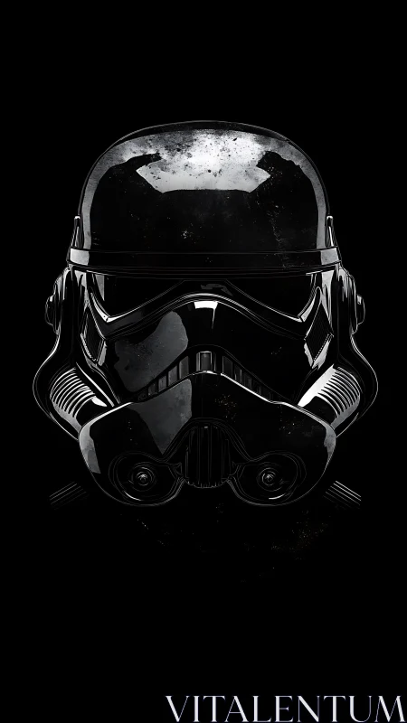Helmet render presents reflective armored surface in darkness