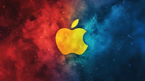 Glowing apple emblem in a swirl of fiery cosmic color.