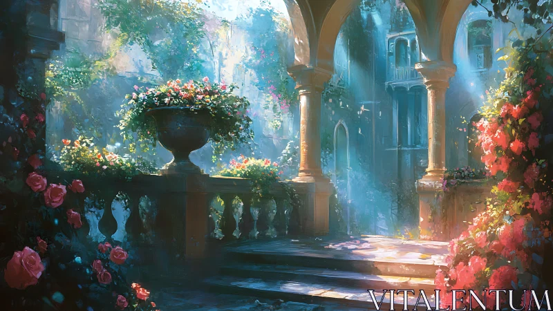 Sunlit rose-covered courtyard under classical stone arches