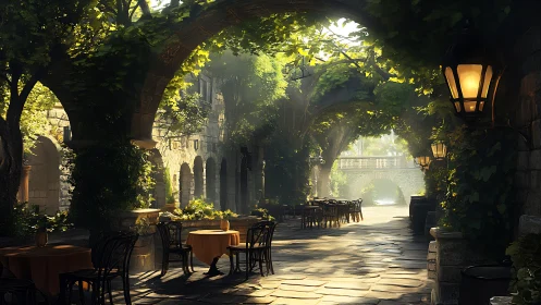 Sunlit stone courtyard café glows beneath ivy arches.