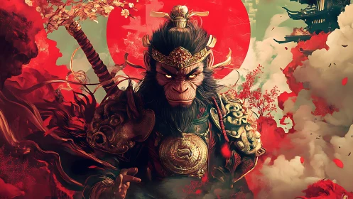 Armored monkey warrior stands before red sun in digital epic