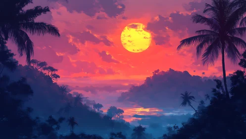 Digital painting of tropical sunset with layered silhouettes.
