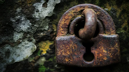 Rust-bitten padlock guarding weatherworn stone secrets.