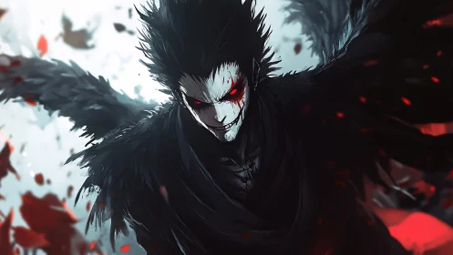 Demonic crow-winged warrior emerges with blazing red eyes.