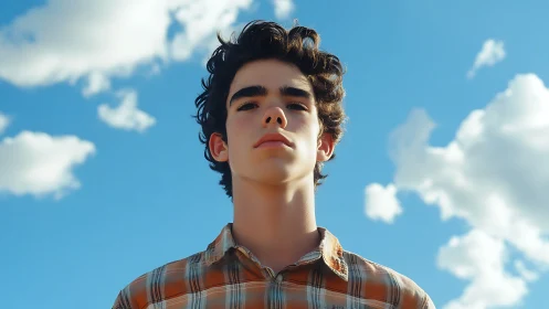 Skyward daydreamer in plaid beneath wandering cotton clouds.