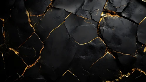 Cracked matte black stone surface with metallic gold fissures