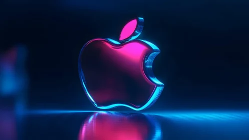 Futuristic Apple Logo in Neon Glass Style with Blue and Pink Glow.