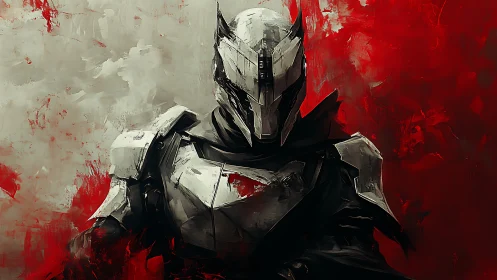Mysterious armored warrior standing in bold red light.