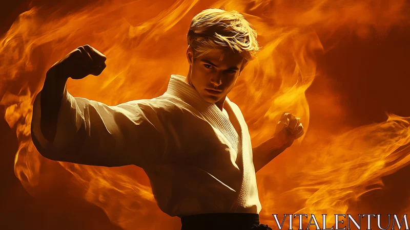 Martial artist channels blazing fire in dramatic motion.