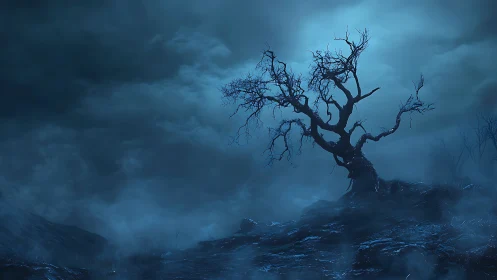 Twisted dead tree rises over foggy moonlit hillside