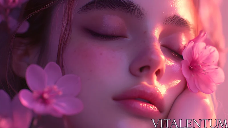Dreamlike close-up portrait with pink cherry blossoms.