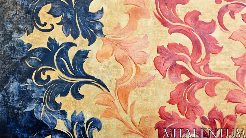 Floral damask swirls blend bold navy and warm coral tones