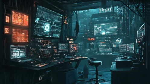 Crowded cyberpunk control room packed with glowing monitors.