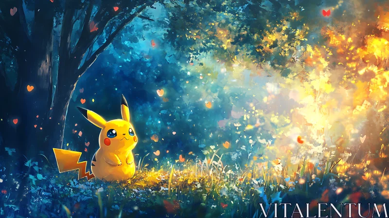 Pikachu in bokeh‑lit forest clearing under warm rim‑lighting glow