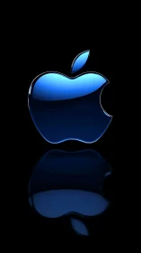 Glossy blue 3D apple emblem with specular highlights and reflection