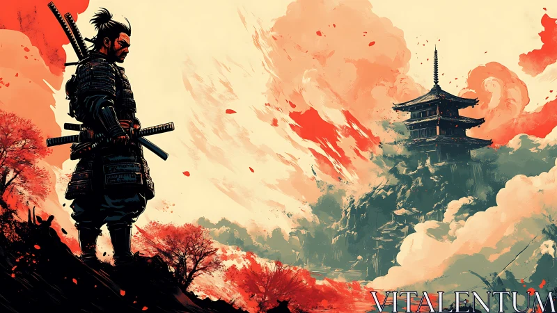 Armored samurai surveys blazing temple amid swirling skies.