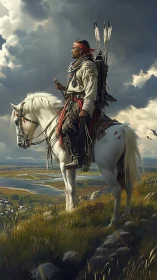 Rider on the white horse watching distant valleys unfold.