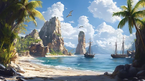 Coastal Fantasy Seascape with Towering Rock Formations and Tallship Vessels