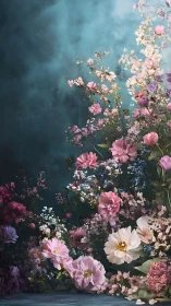 Floral Arrangement with Pink Roses, White Baby's Breath, and Blue Forget-me-nots Against Moody Teal