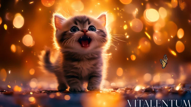 Joyful kitten surrounded by golden magical light and wonder.