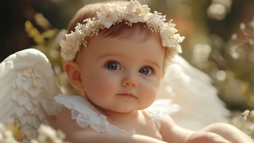 Baby portrait in angel costume with floral headband.
