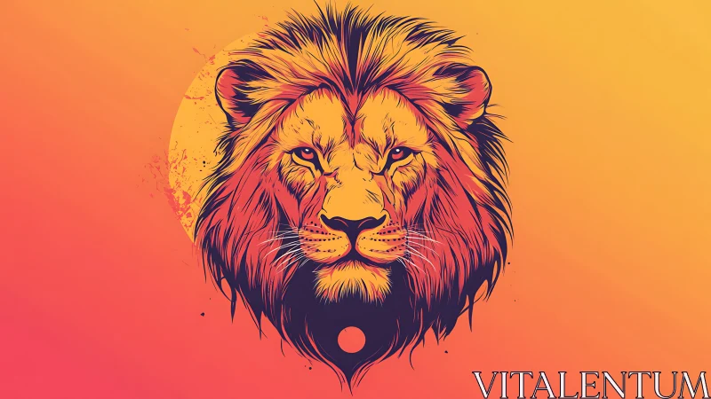 Lion head illustration glows against vivid sunset gradient.