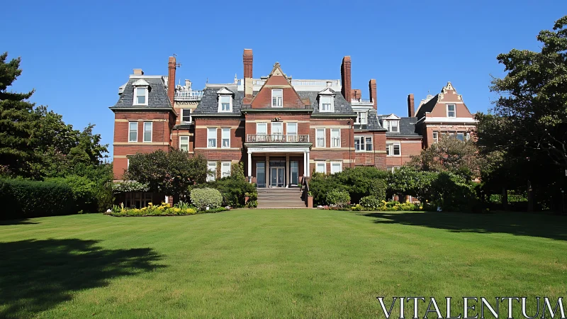 Grand brick mansion rises above manicured green lawn.