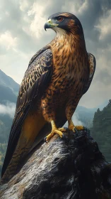 Majestic hawk surveys misty mountain valley from rocky perch.