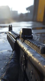 Rifle with optic sight is viewed in close, shallow focus