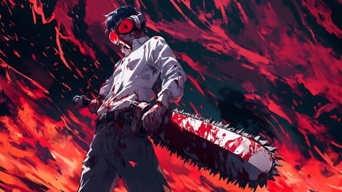 Blood-soaked warrior stands wielding roaring chainsaw blade.