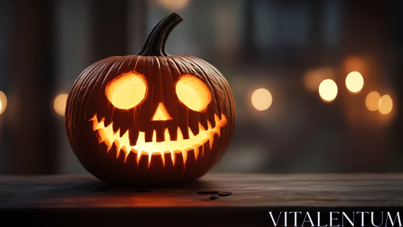 Glowing jack-o’-lantern grins in warm Halloween night scene.
