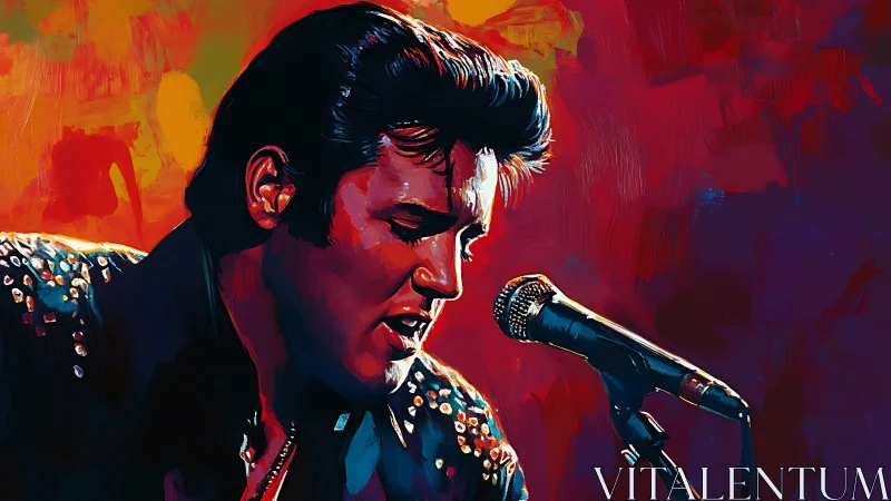 Electric stage portrait of rock singer in vivid oils.