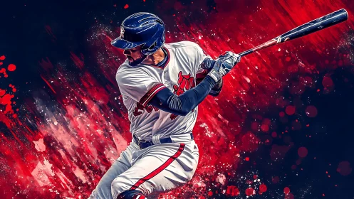 Crimson slugger explodes through abstract storm of motion.