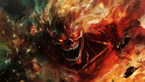 Flaming skull demon emerges roaring from swirling inferno