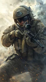 Storm of sand and steel around a focused modern soldier.