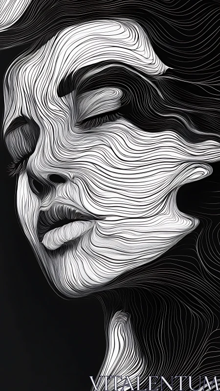 Monochrome linear portrait of stylized female face profile.