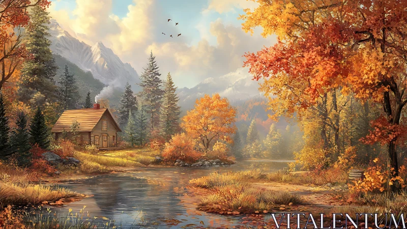 Cozy riverside cabin tucked into glowing autumn mountains.
