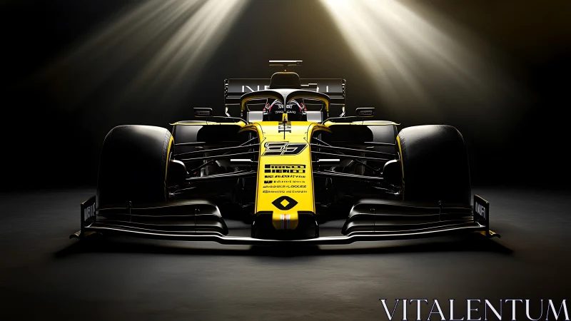 Yellow black Formula race car under dramatic spotlights.