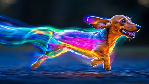Joyful rainbow dachshund dashing through glowing neon trails.