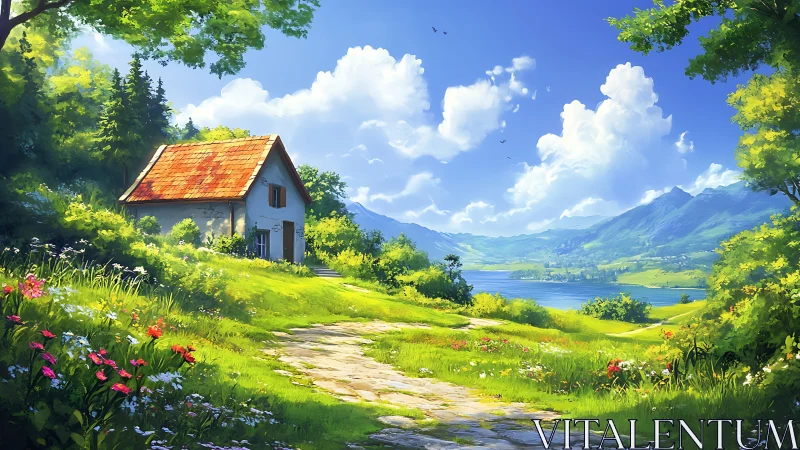 Sunlit lake cottage where wildflowers guard the quiet path.