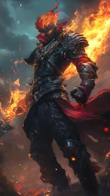 Digital painting of infernal armored warrior in dynamic flames.