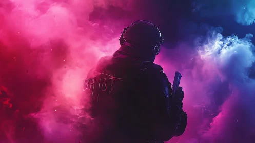 Lone futuristic soldier walking through glowing neon smoke.