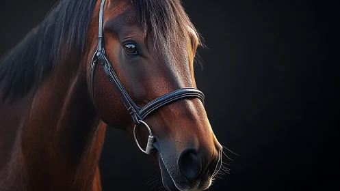 Gentle bay horse portrait glowing against soft dark background.