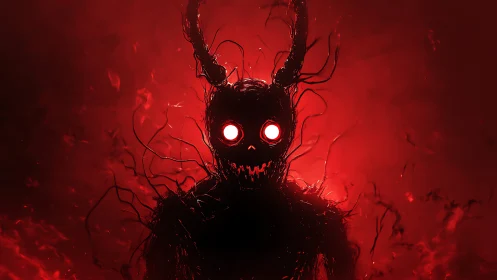 Glowing-eyed shadow creature rises in a swirling red void