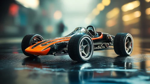 Low-profile race car model on wet reflective urban surface.